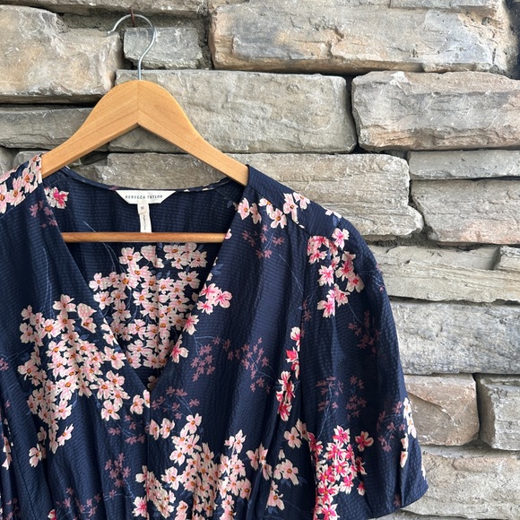 Rebecca Taylor Phlox Dress Silk Cherry Blossom Navy Pink Puff Sleeve V Neck - Picture 5 of 9